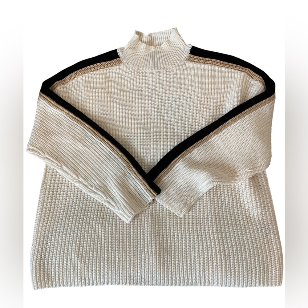 Sanctuary cream mock neck sweater with tan and black detail